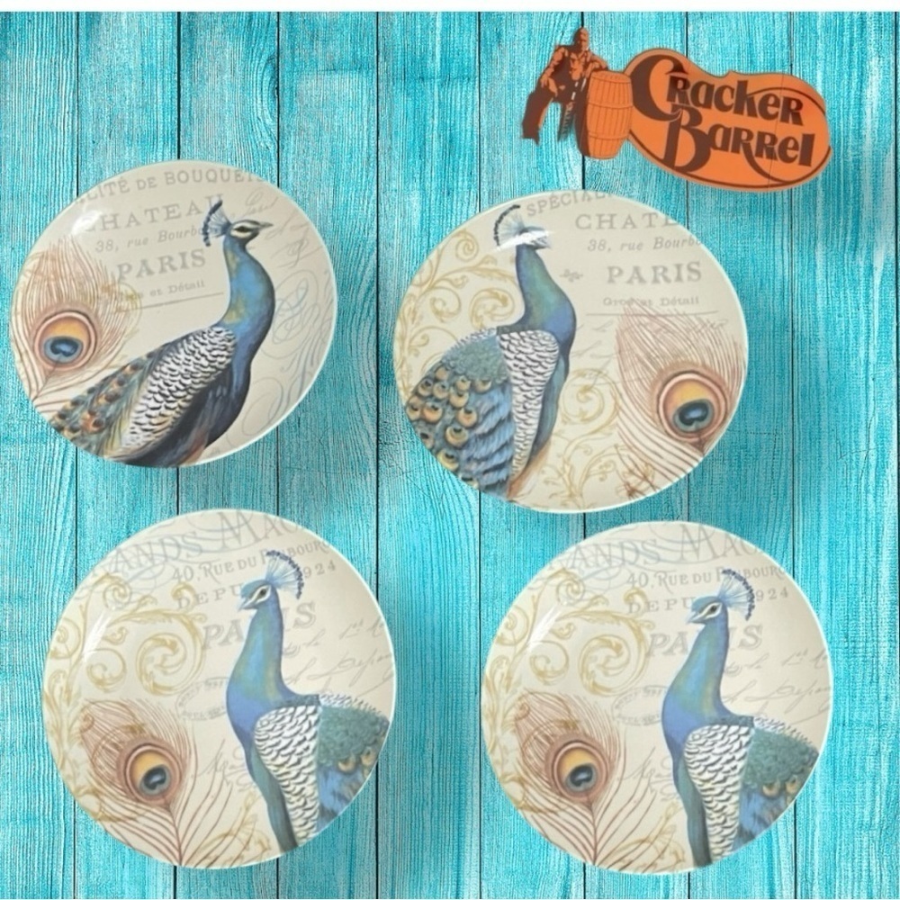 Cracker Barrel Peacock 6" Plates  "Canape" Set of 4 Ceramic Plates